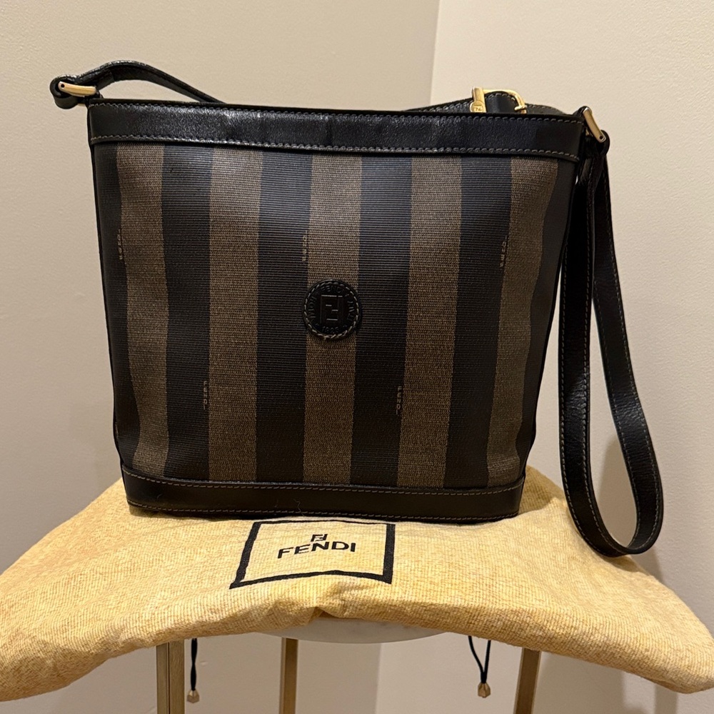 Fendi Pequin Coated Canvas Crossbody Elegant Black and Brown Striped Bag